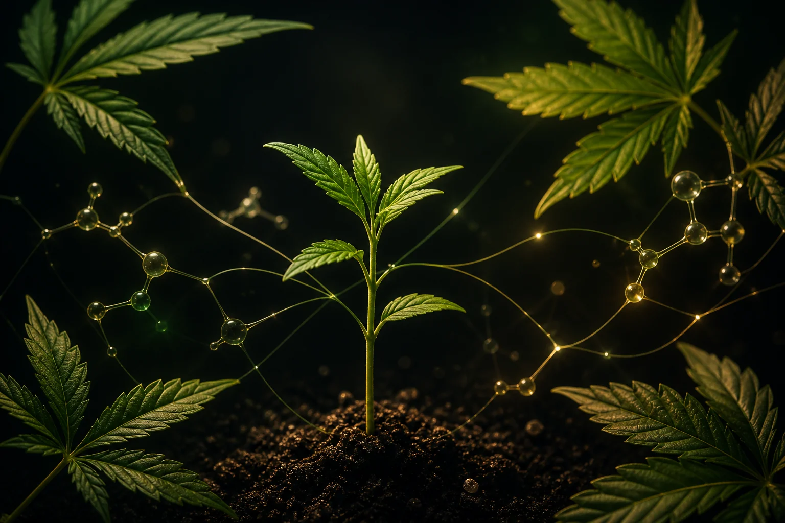 Jeune plant de chanvre relié à des structures moléculaires, illustration du CBG