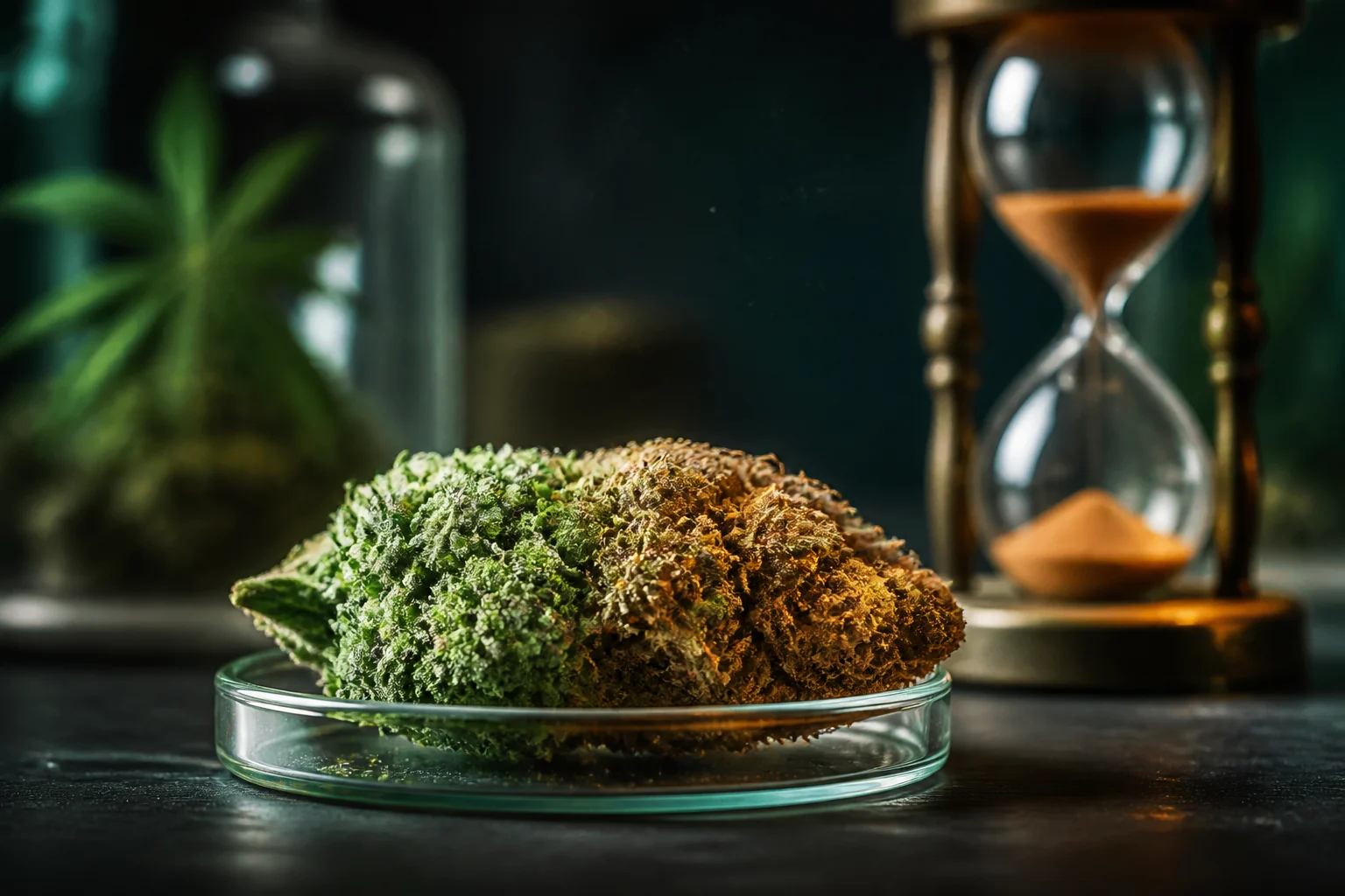 Fleur de chanvre se dégradant avec le temps devant un sablier